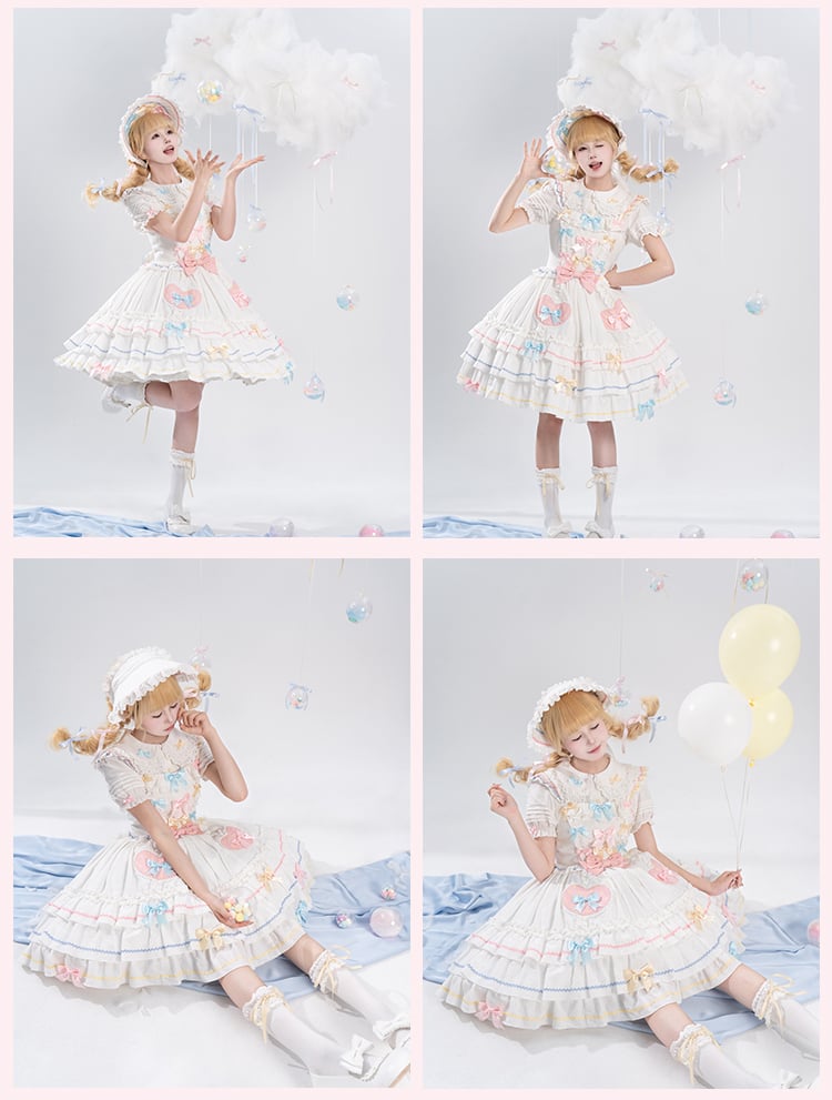 Bowknots White Ruffled Lace Trim Bonnet Macaron Color