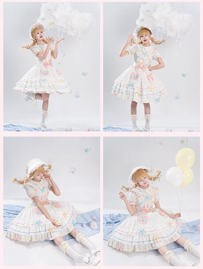 Bowknots White Ruffled Lace Trim Bonnet Macaron Color