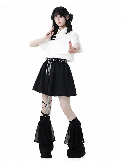 Belt Black Cheongsam Tassel Style Shorts with Buckle Belt and