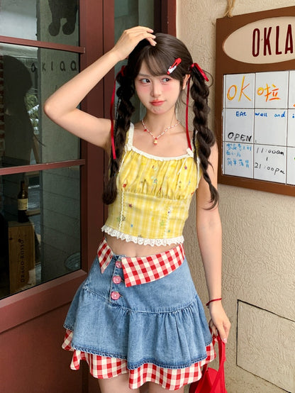 Trim Lace Star Print Top Yellow Plaid Cropped Sleeveless