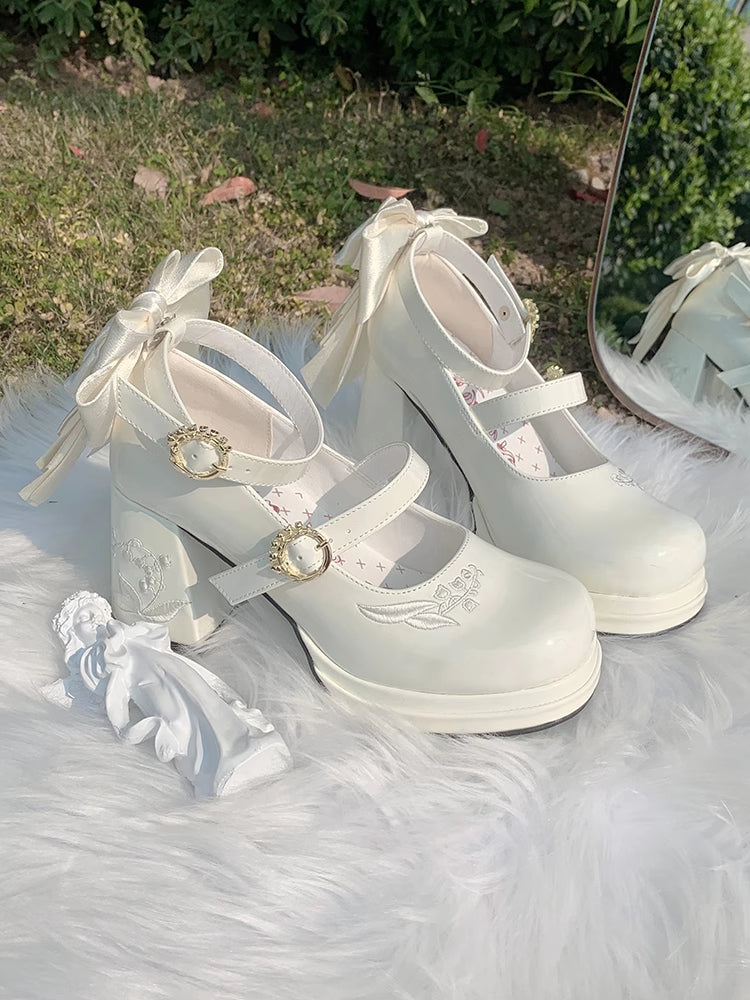 Lily Polished the Heels White Mary Middle Janes Detachable Valley Embroidery Bowknot of