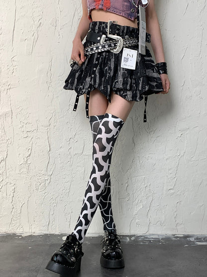 BlackWhite Overknee Y2K Design Asymmetrical Stockings