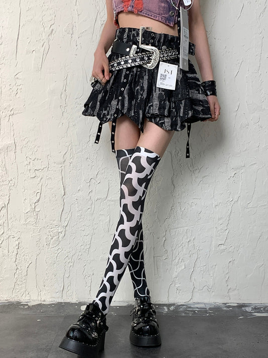 BlackWhite Overknee Y2K Design Asymmetrical Stockings