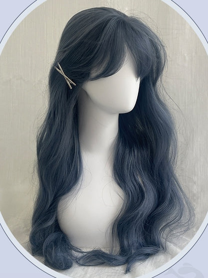 Dusty Blue Waist Length Wavy Wig With Air Bangs