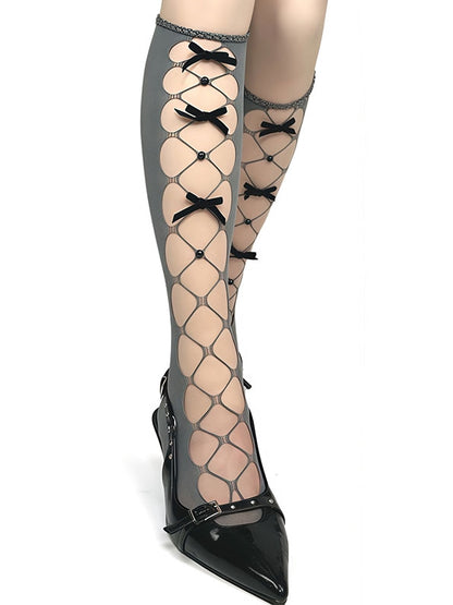 Stockings Details White/Black/Gray Cutout Under-Knee Design Bowknot