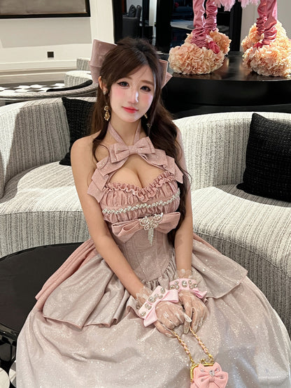 Shimmering Gradient Pink Halter Neck Sweetheart Neckline Top + Long Skirt Birthday Ball Gown