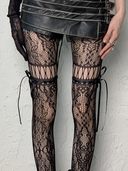 Cut-out Self-tie Coffee/Gray/Black/White/Purple/Blue Y2K Floral Pattern Design Tights Straps