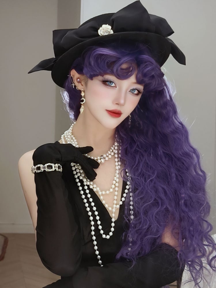 Purple Curly Bangs Long Wavy Synthetic Wig