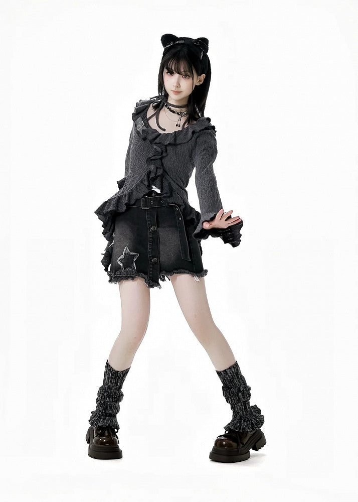 Y2K Black Star Appliques Raw Hem Denim Skirt with Buckle Belt
