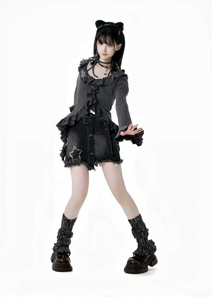 Y2K Black Star Appliques Raw Hem Denim Skirt with Buckle Belt