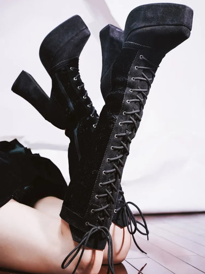 Block High Black Velvet Lace-up Gothic Heel Front Knee-high Ties Platform Boots