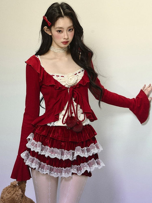 Red V-neck Self-tie Straps Cropped Cardigan Ruffle Trim