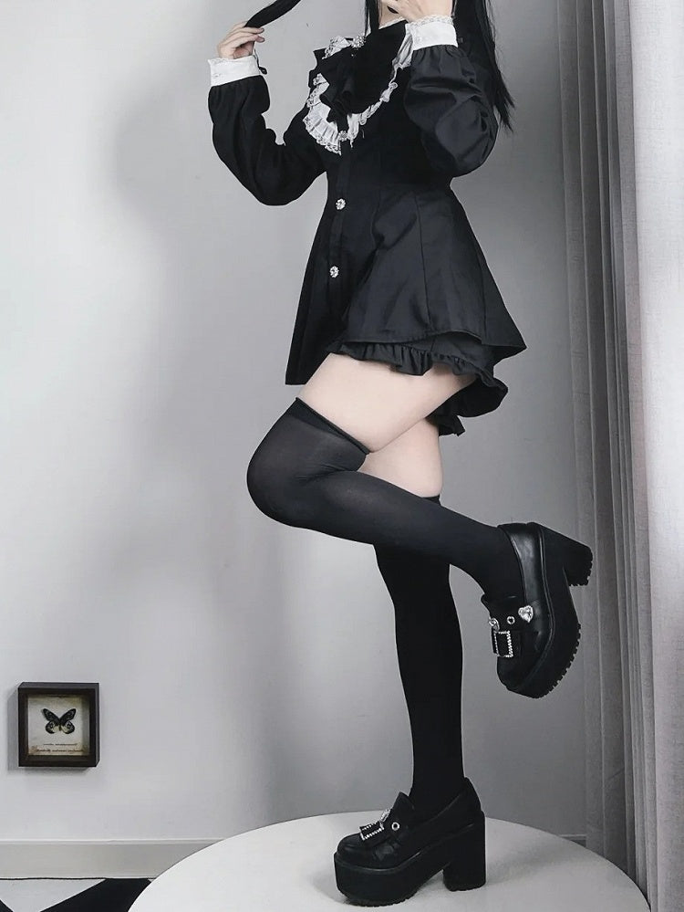 Big Jirai Kei Schwarz Abnehmbare Set Lange Bogen Kleid + Shorts Jabot Kragen und Ärmel Mini