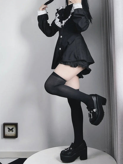 Big Jirai Kei Schwarz Abnehmbare Set Lange Bogen Kleid + Shorts Jabot Kragen und Ärmel Mini