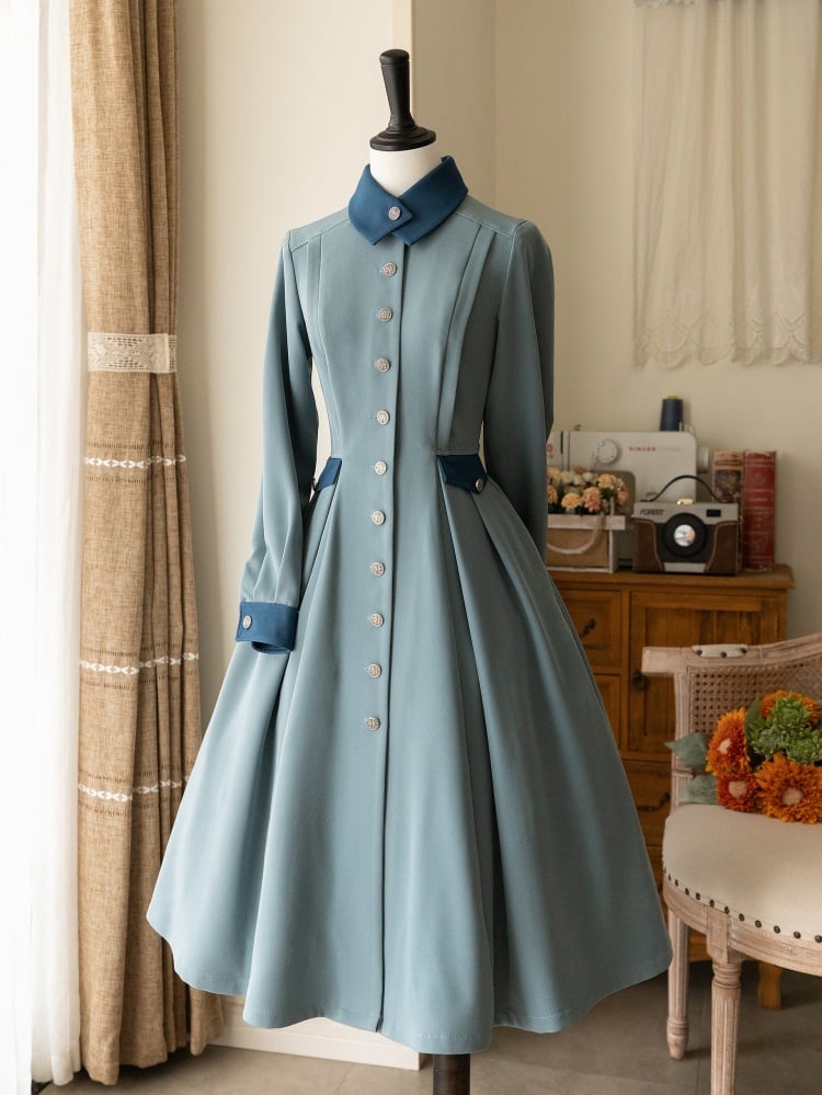Beauxbatons Uniform Inspired Dusty Blue Elegant Vintage Front Button Placket One Piece with Detachable Cape