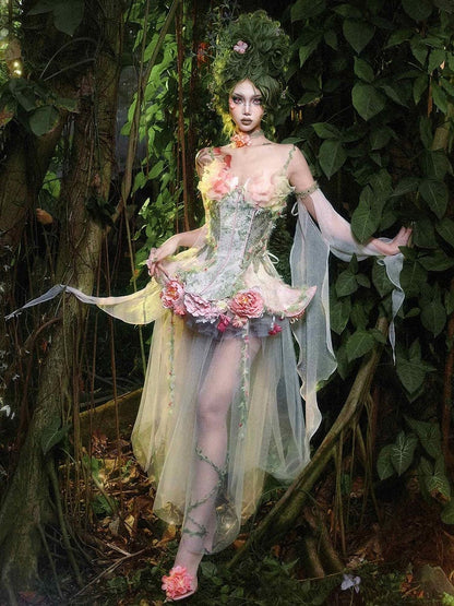 Straps Boned Floral Design Fairy Vine Green Top Pink Spaghetti and Goth Corset