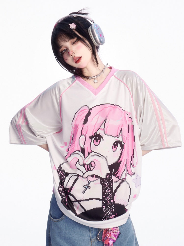 Rosa lockeres T-Shirt mit V-Ausschnitt und Cartoon-Mädchen-Print