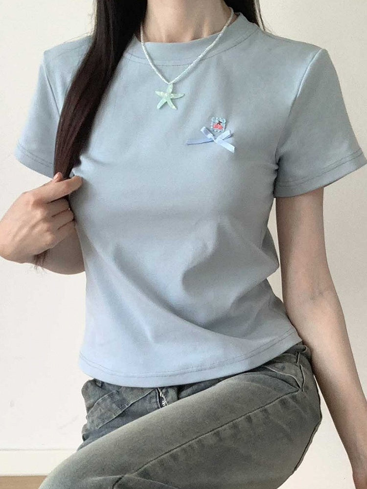 T-Shirt Round Neck Bowknot Detail Blue