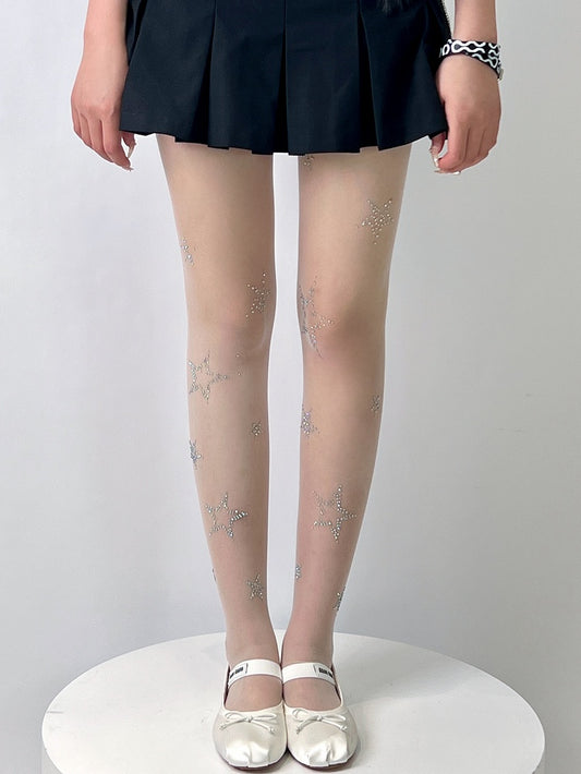 Weiße Strumpfhose im Y2K-Stil mit Strass-Stern-Dekor
