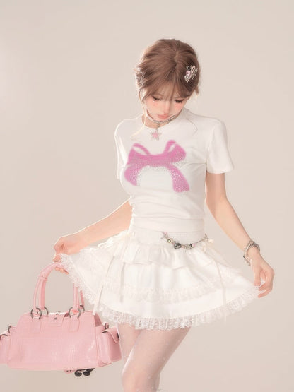 White Tiered Mini Skirt with Lace Trim