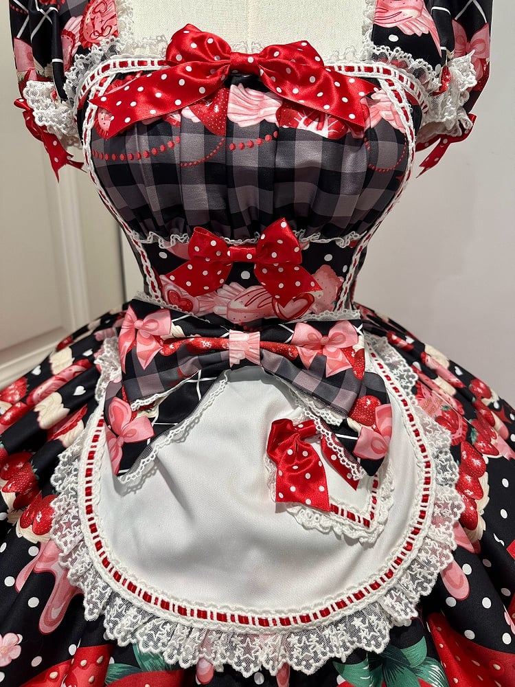 XXL Bust Apron Plaid Print with for 96-111CM Pattern Black Strawberry Sweet Dress Clearance-Size Summer and Lolita