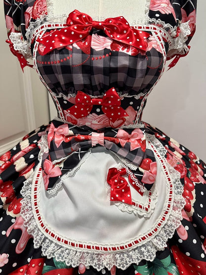 XXL Bust Apron Plaid Print with for 96-111CM Pattern Black Strawberry Sweet Dress Clearance-Size Summer and Lolita