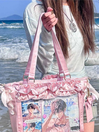 With Satin Ita Card Bag Holder Bow Pink Straps Trims Self-tie Ruffle