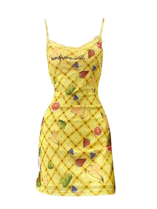 Y2K Pattern Plaid Letter Neck + Yellow Fruit Halter Cami Print Bittersweet Dress Top And Red
