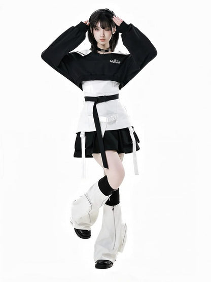 Zipper Black and Techwear Flared Leg Warmers White Drawstring Cuffs Detail