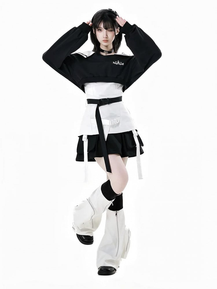 Punk Techwear Black V-Neck Futuristic Cropped Sweatshirt Wasteland