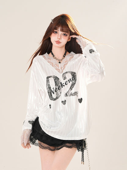 White/Black Trim V-neck Lace Number Print Striped Top