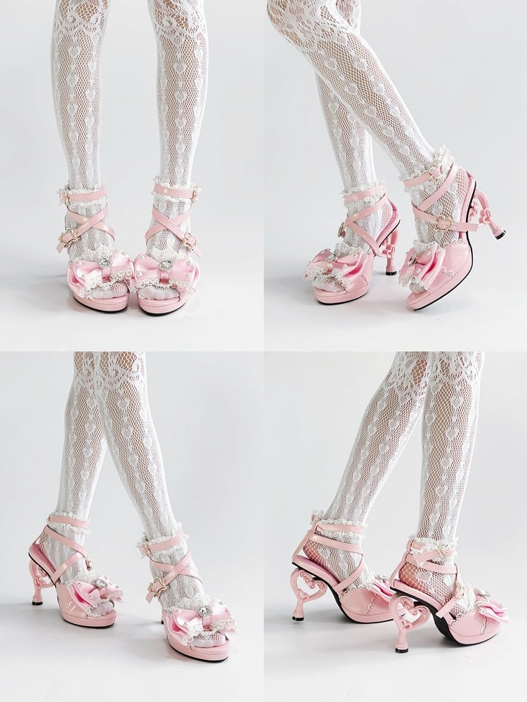 Heart-shaped Girl High Top Sandals at Hime Magical Pink Gyaru Heels Shoes Bow