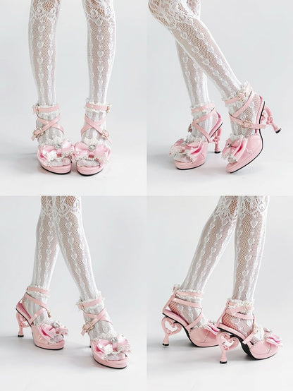 Heart-shaped Girl High Top Sandals at Hime Magical Pink Gyaru Heels Shoes Bow