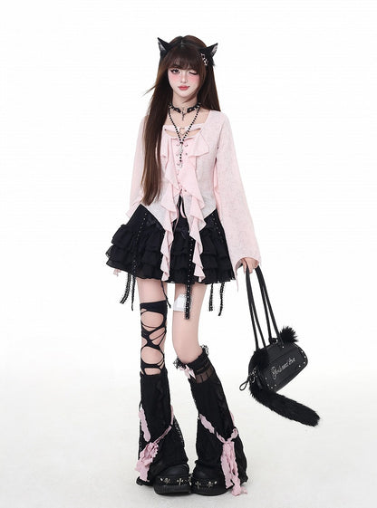 Asymmetrical Ruffled Placket Hem Chiffon Top Pink Lace-up Black/Light