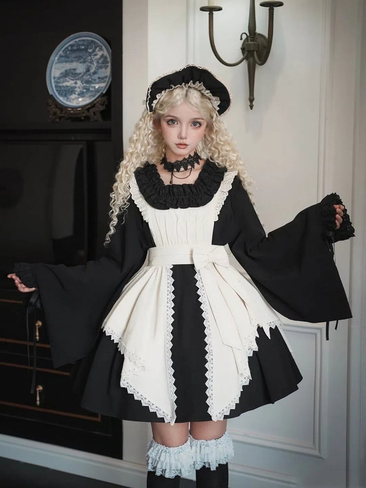 Dress Version Set Ruffle Neckline Short Lolita Long Full Maid Square Wa Black Sleeves