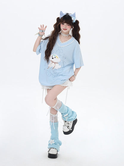 V-Neck Plush Puppy Applique Trim Loose T-Shirt Beige/Light Blue Lace
