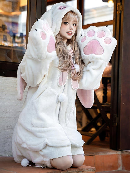 White and Pink Lolita Oversized Bunny Ears Hooded Plush Coat Leg Warmers