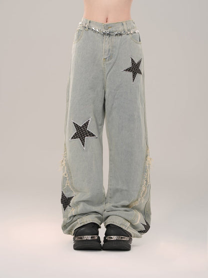 Light Blue Stars High Street Wide-leg Cut Jeans