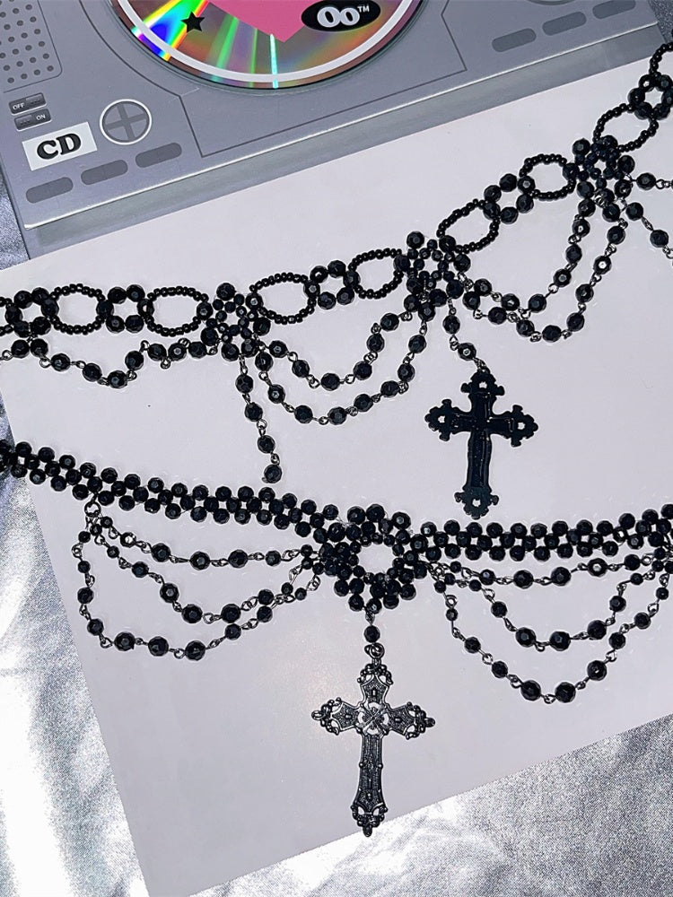 Black Punk Cross Pendant Beaded Necklace