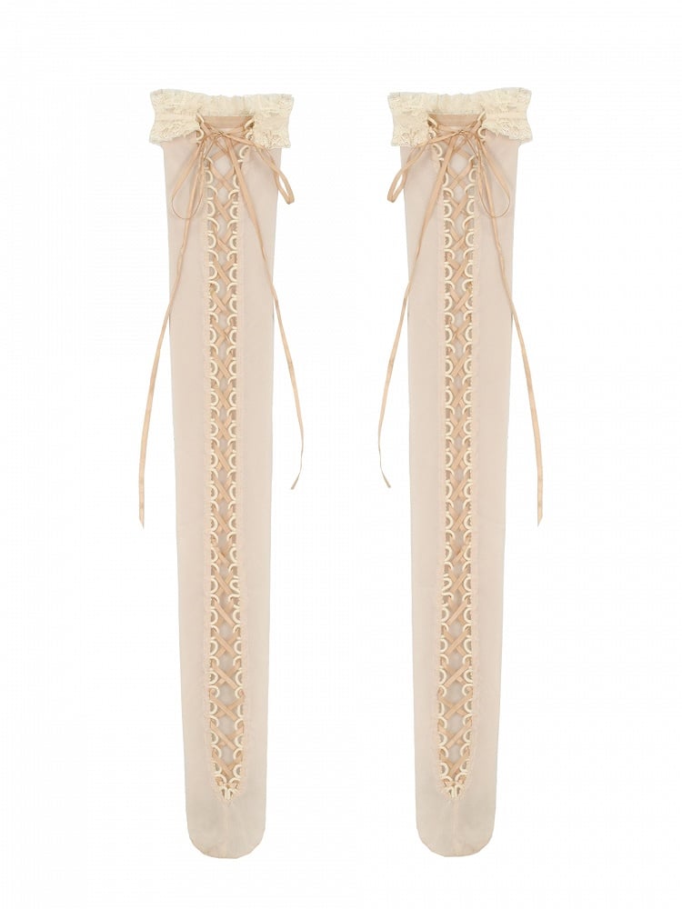 Detail Lace-up Stockings Apricot Overknee