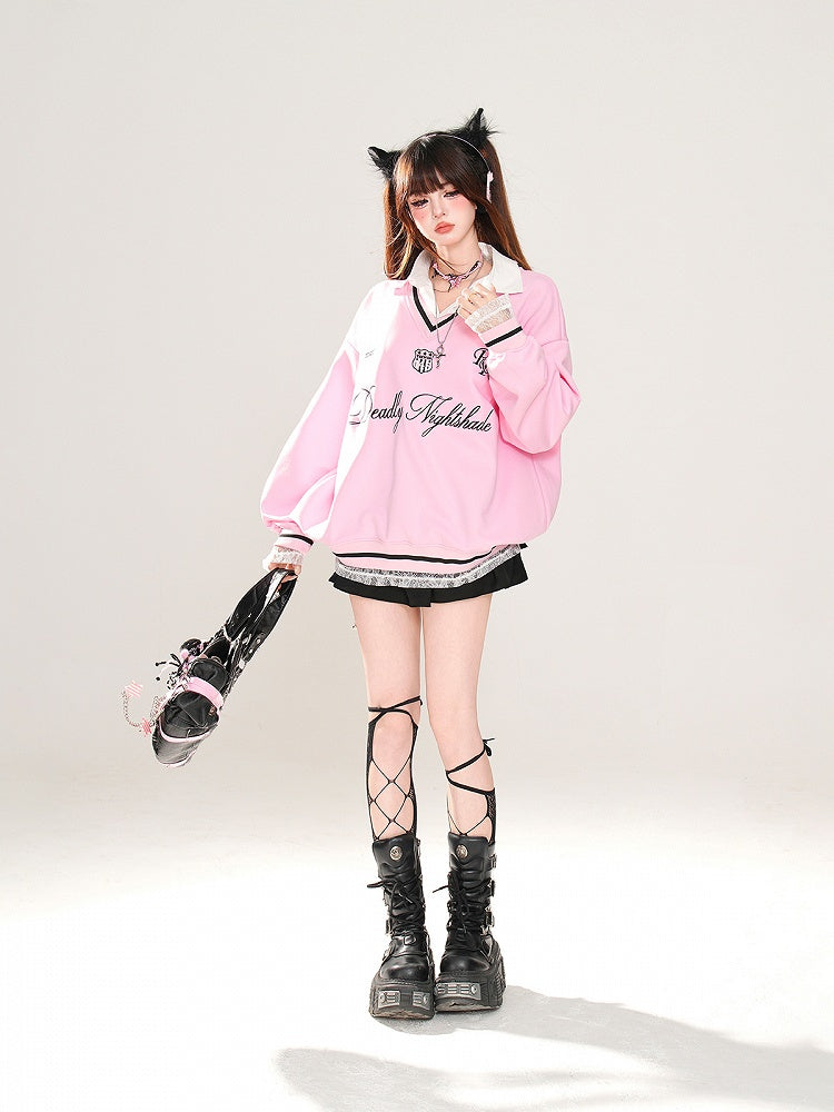 Apricot/Pink Polo Collar Letter Embroidery Spring Loose Sweatshirt Faux Two-pieces