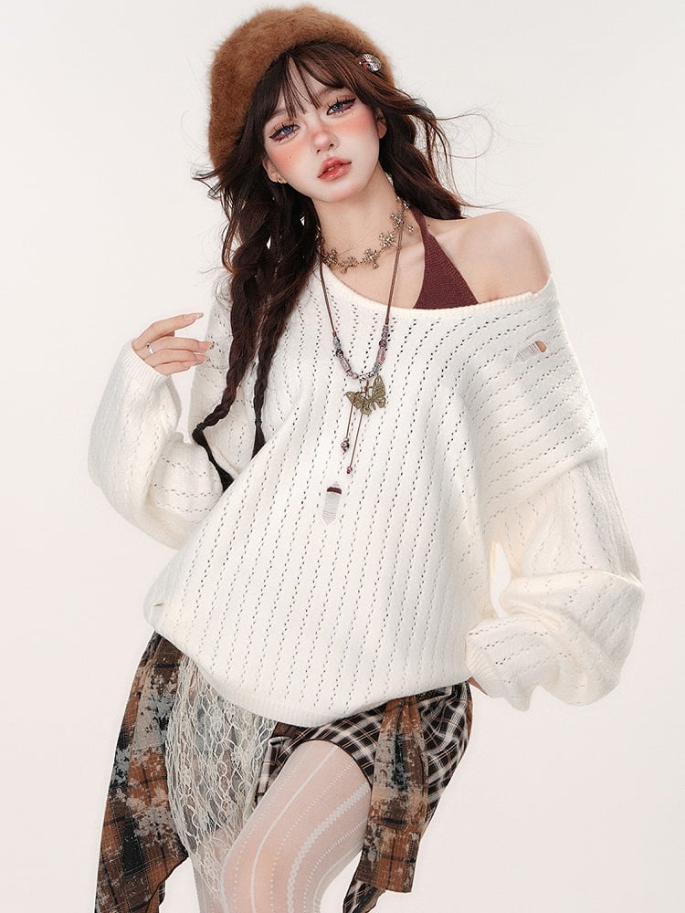 Distressed Holes White Sweater with Coffee Halter Neck Cami Top Set