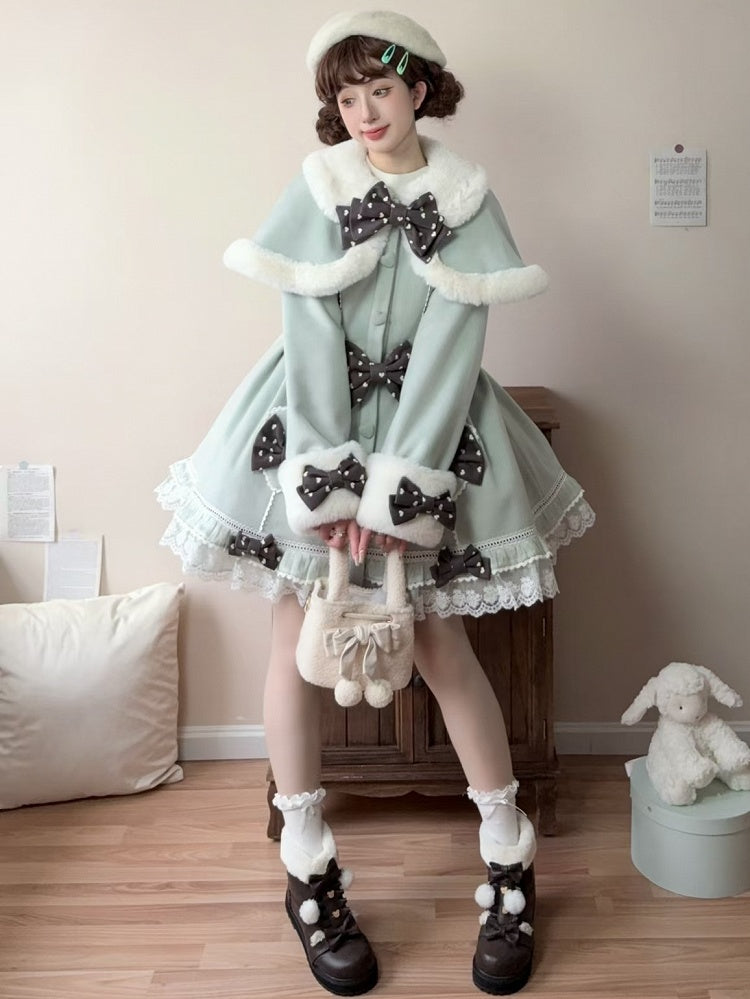 Mint Green Bow Accents Cape Lolita Coat with Lace Trim