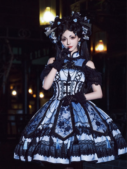 Robe Qipao élégante à col cheongsam bleu et noir + ceinture corset à baleines + ensemble Qi Lolita JSK superposé à pompons