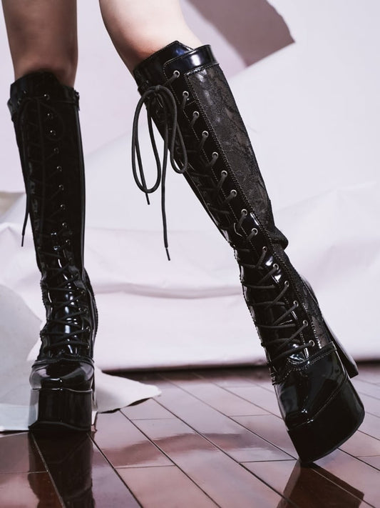 Gothic Black Front Lace-up Ties Lace Platform High Block Heel Knee-high Boots
