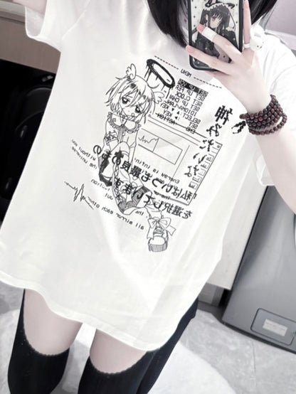 Jirai Black/White Round Neck Cyberpunk T-Shirt Print Kei Angel Cotton