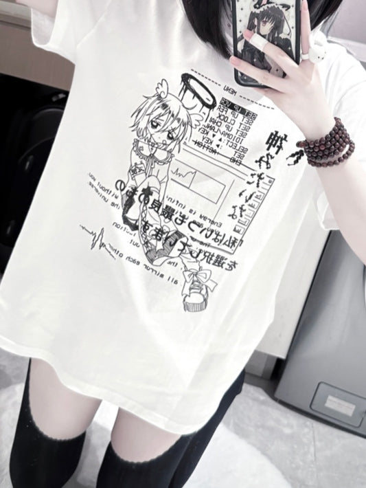 Jirai Black/White Round Neck Cyberpunk T-Shirt Print Kei Angel Cotton