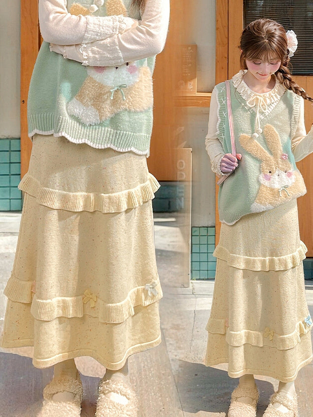Yellow Bow Accents High Waist Knit Midi Length Skirt