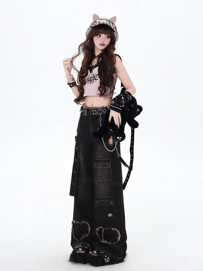 Black Distressed Holes Y2K Wide-leg Cut Jeans