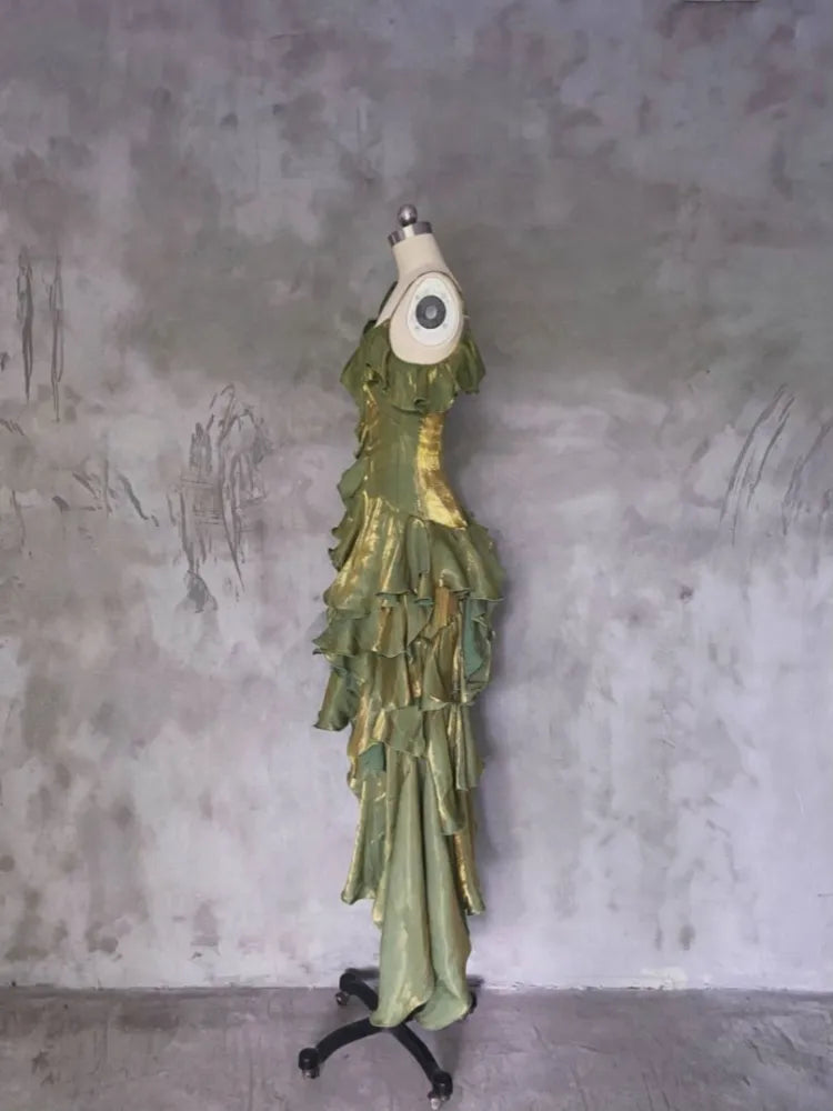 Green Asymmetrical Layered Flounce Spaghetti Strap Prom Dress Evening Gown
